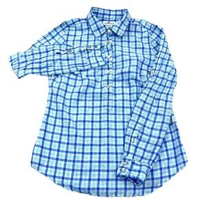 Vineyard Vines Shirt Women 2 Blue Linen Plaid Half Button Up Dress Ladies Top